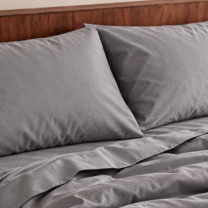 Grijs laken op houten bed met kussens, met thermisch bamboe-weefsel.