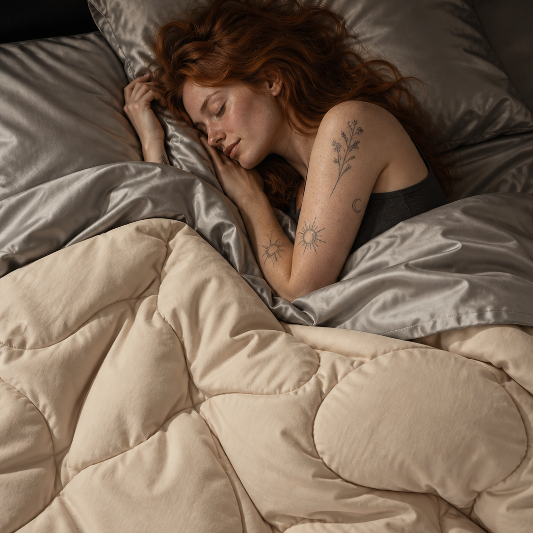 Vrouw slapend op beige 2-in-1 dekbed met grijze kussens, bovenaanzicht.