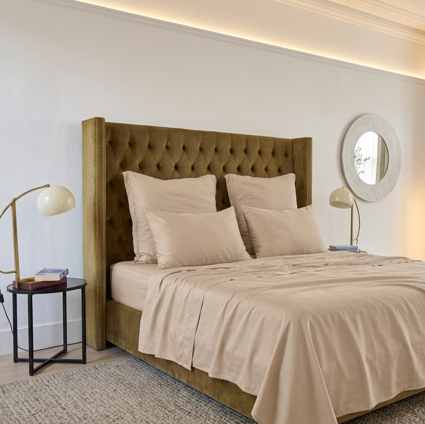Beige bovenlakenset op bed met gewatteerd hoofdeinde, kussens en rond wandspiegel